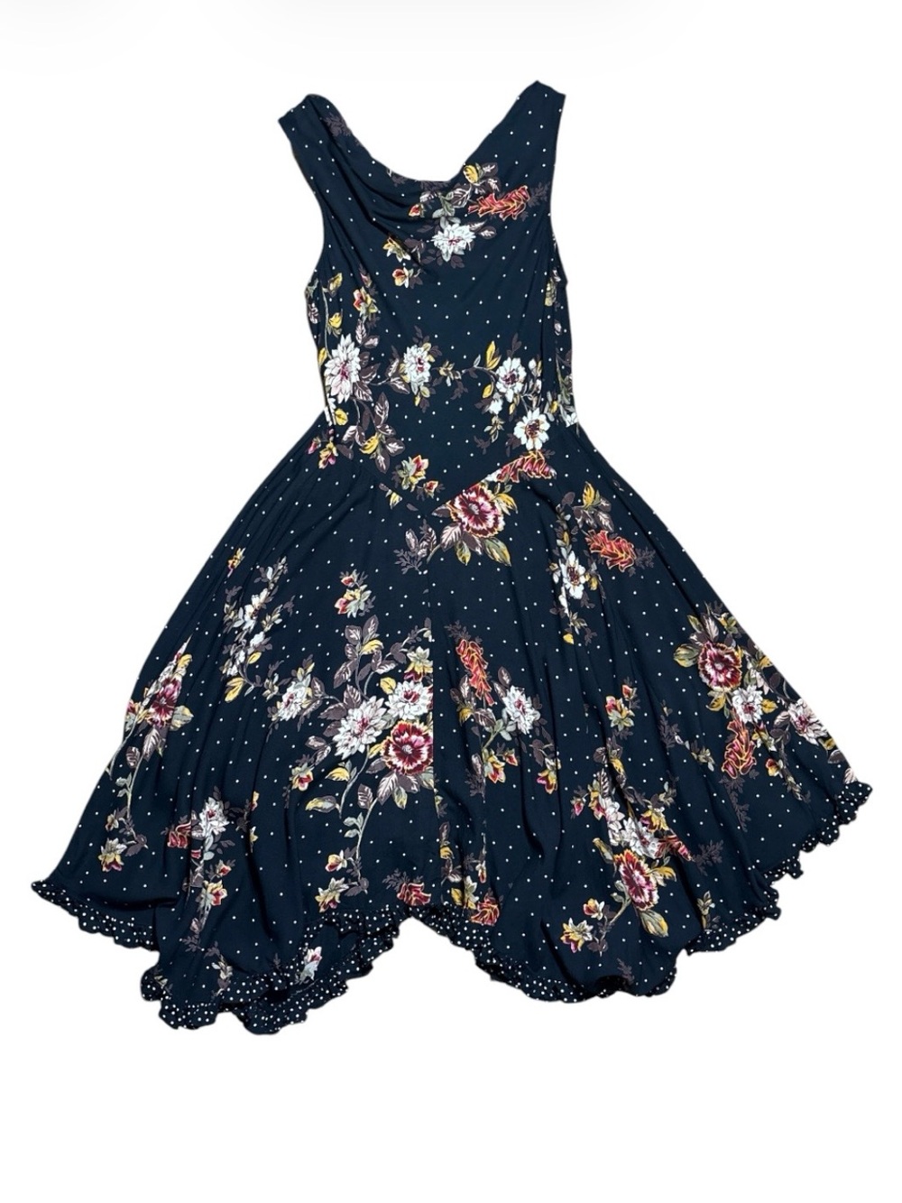 Lola P Vintage 100% Rayon Dark Floral Polka Dot Flounce Dress Sz Small